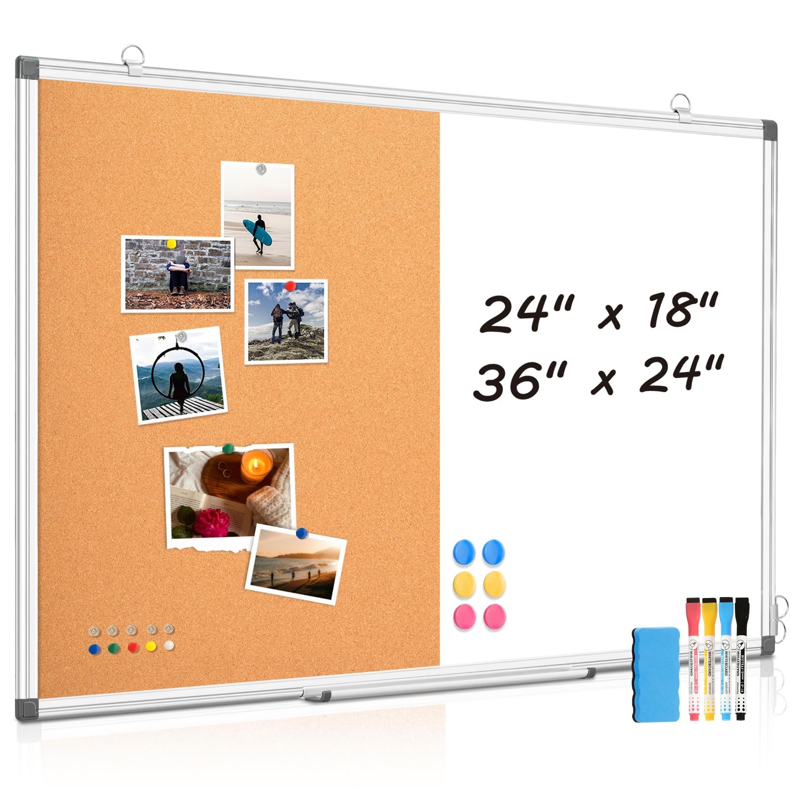 WALGLASS Combination Magnetic Whiteboard & Corkboard, 24" x 18", White 