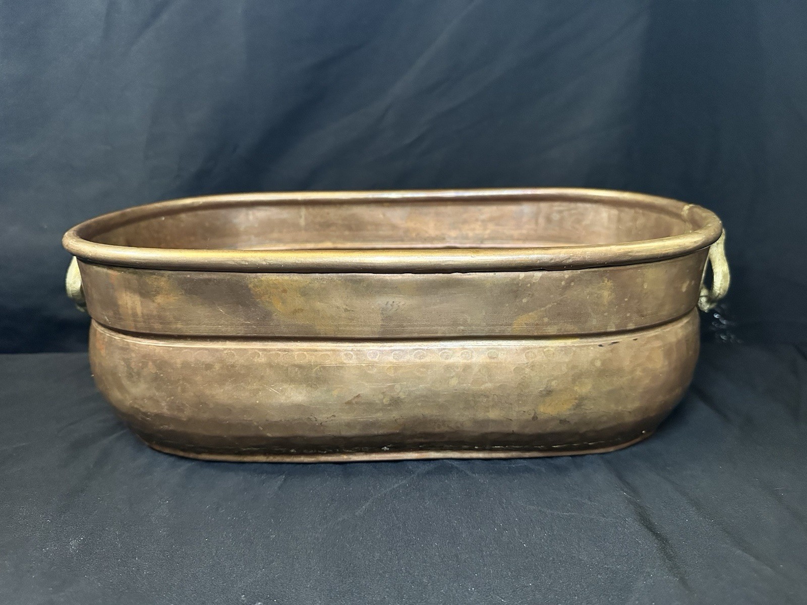 Vintage Hammered Copper Jardiniere Oblong Planter w/ Brass Handles 15.5"