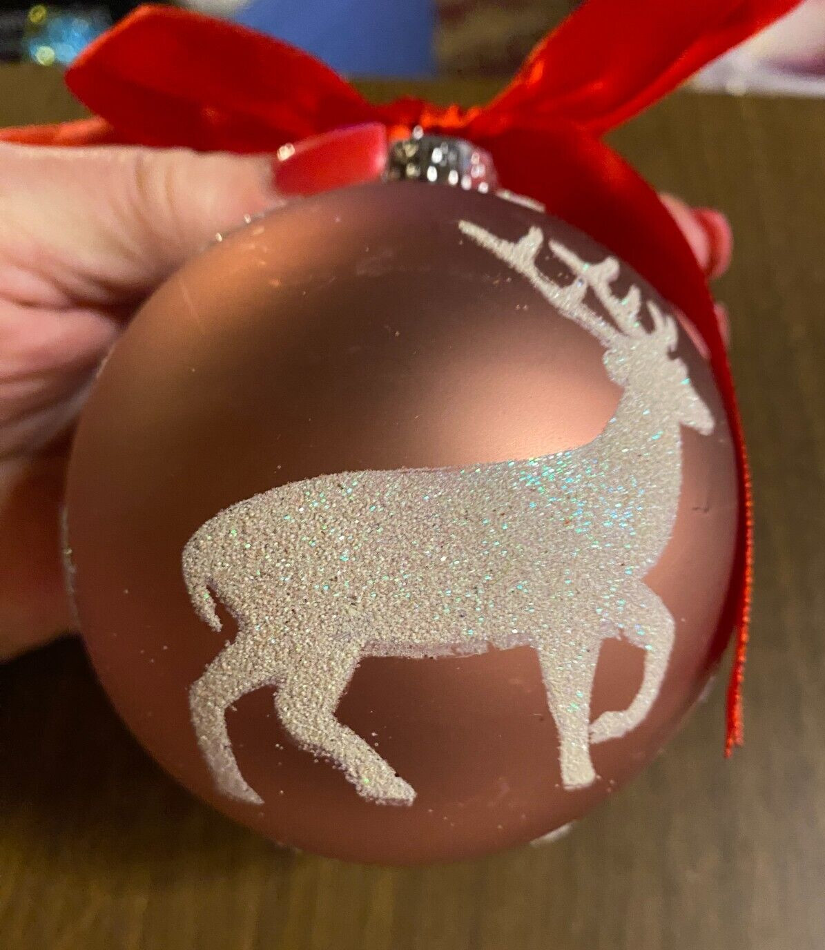 Reindeer Stenciled Blown Glass on Bronze Ball Christmas Ornament 3"