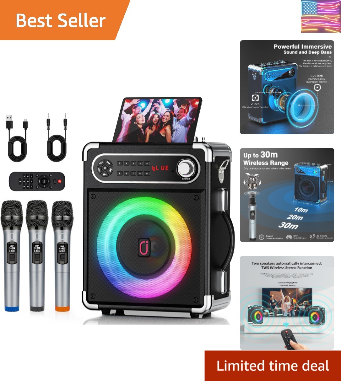 Karaoke Machine with 3 Wireless Microphones for Adults/Kids, Portable Bluetoo...