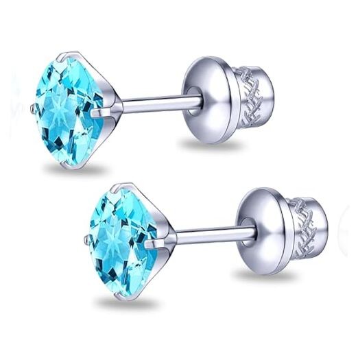 G23 Titanium CZ Stud Earrings, Hypoallergenic F136 Implant Grade Aquamarine