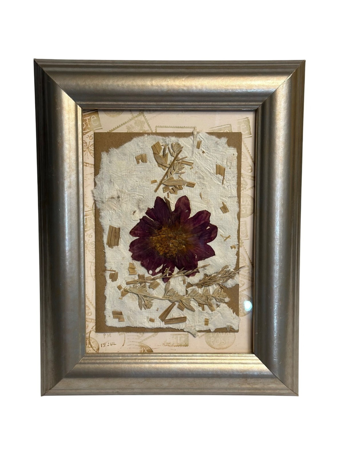 Pressed Flower Art Frame 7x6 | Red Dahlia on Handmade Paper Silver Frame