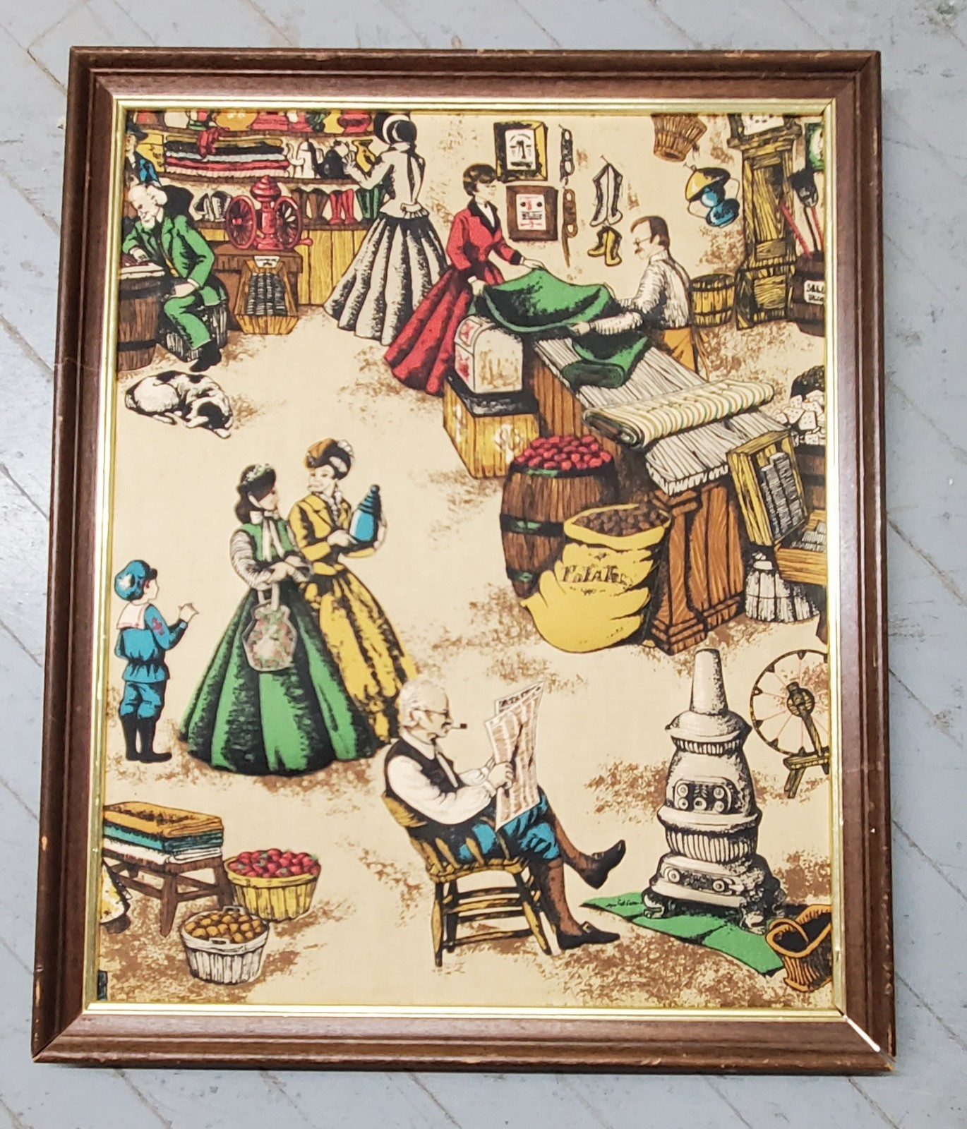 Framed Printed Textile Art Tapestry 19th Century Market Scene Large