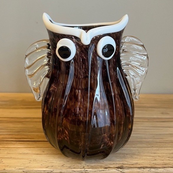 Murano Style Hand-Blown Art Glass Owl Vase Brown with White Accents