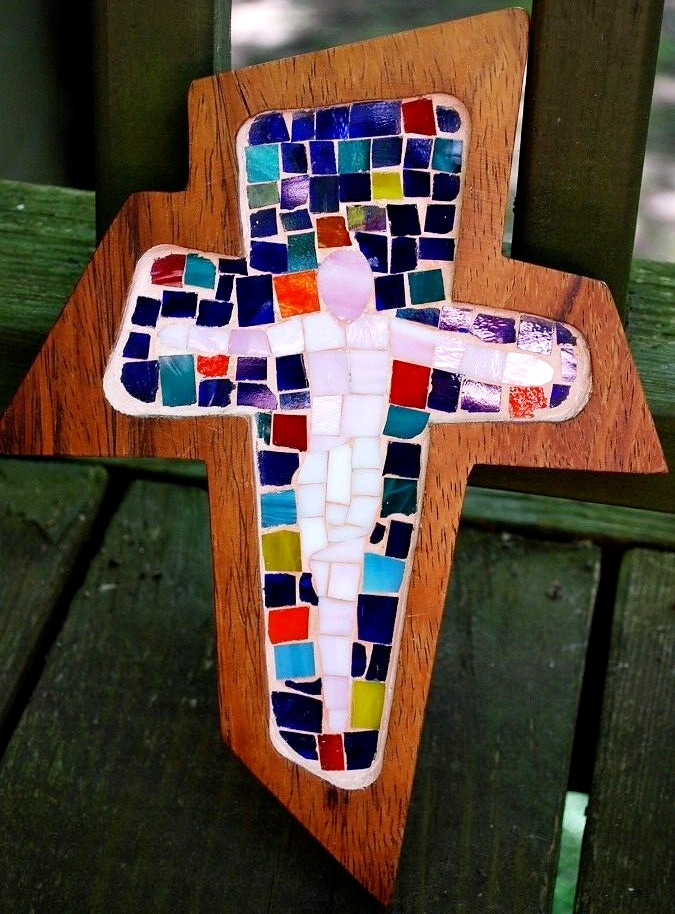 Midcentury 10.25" Jesus On Cross GLASS MOSAIC TILE WALL HANGING Teak Wood Frame