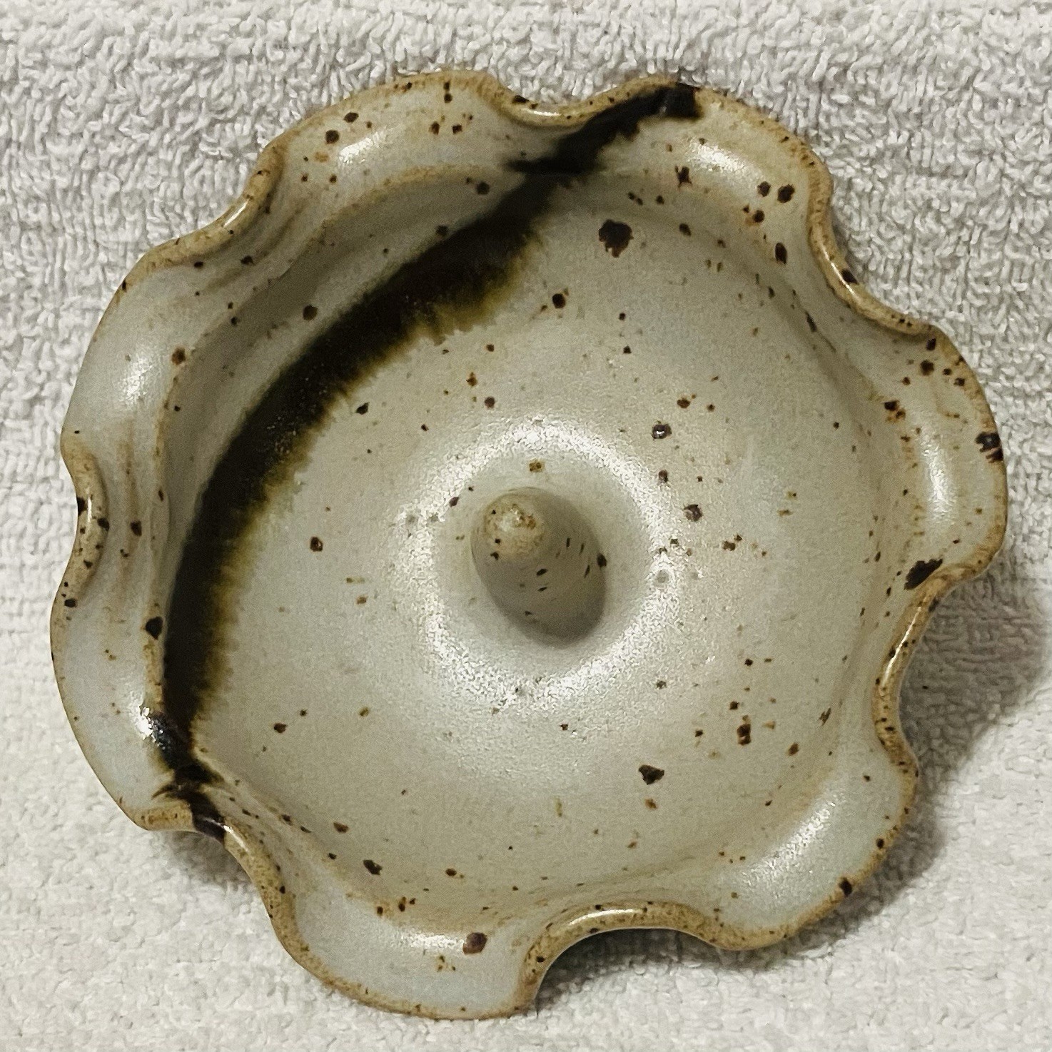 Studio Pottery Signed Ring Jewelry Trinket Dish Ruffle Edge Brown Spot DripGlaze