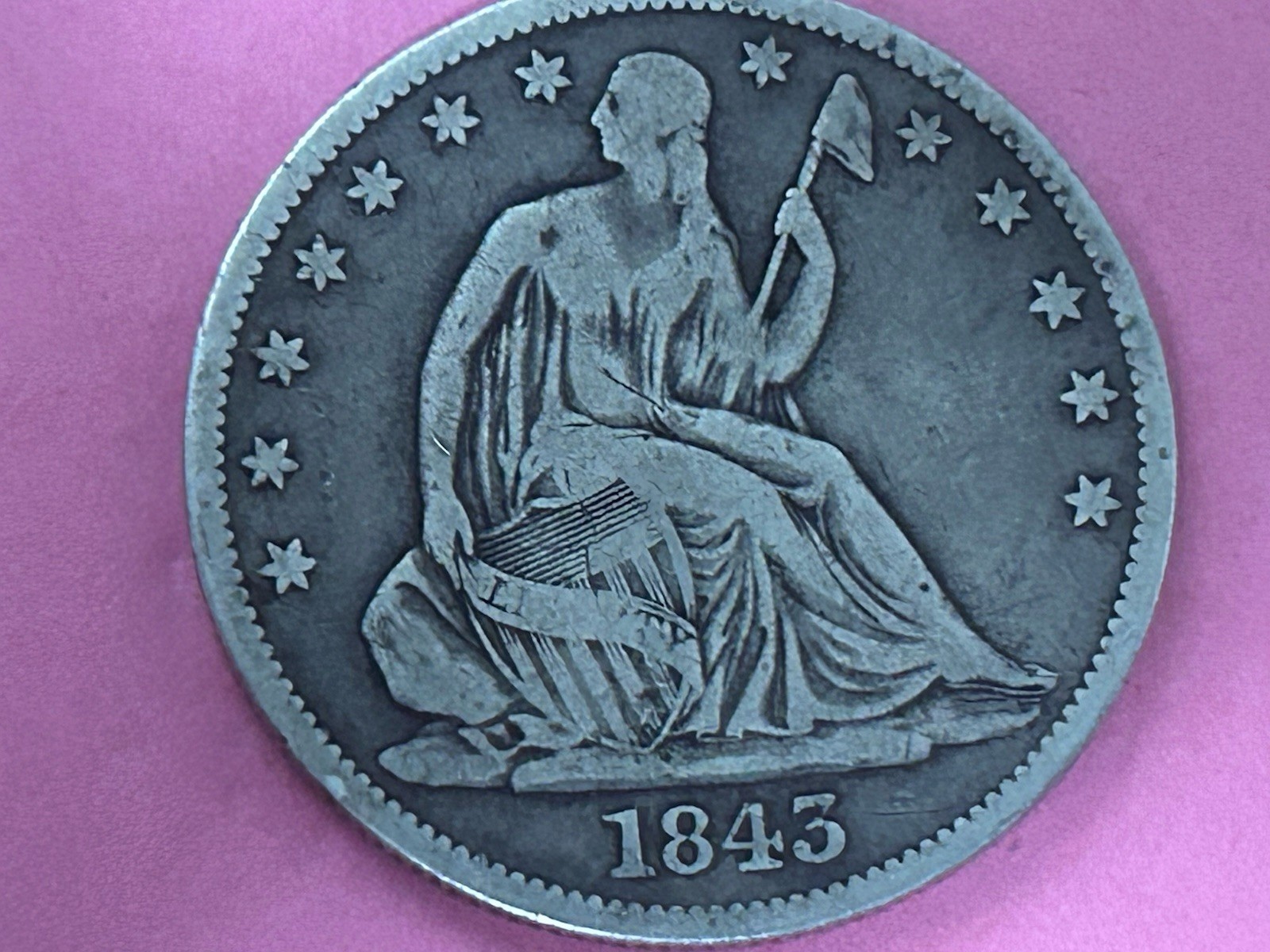 1843 Liberty Seated 1/2 Dollar , No Motto Above Eagle , Mintage 3,844.000 , Nice