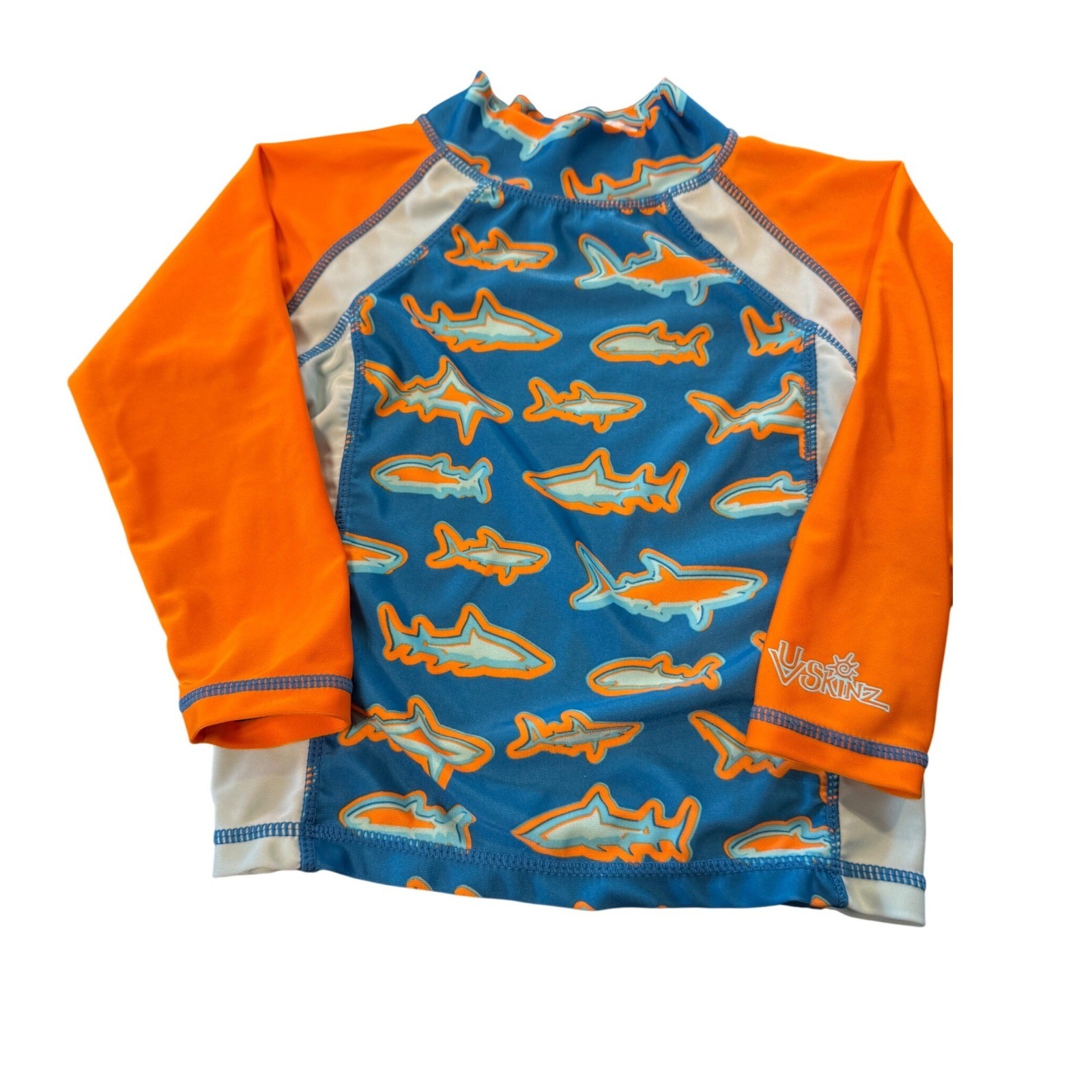 UV Skinz Boys Shark Print Rash Guard Long Sleeve Swim Shirt Blue Orange Size 5