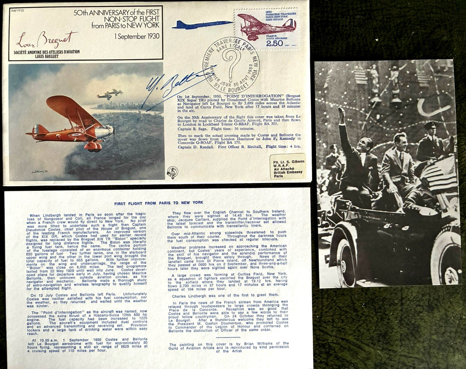 RAF Cover - 1st Flight Paris ~ New York - Signed MAURICE BELLONTE Navigator 1930