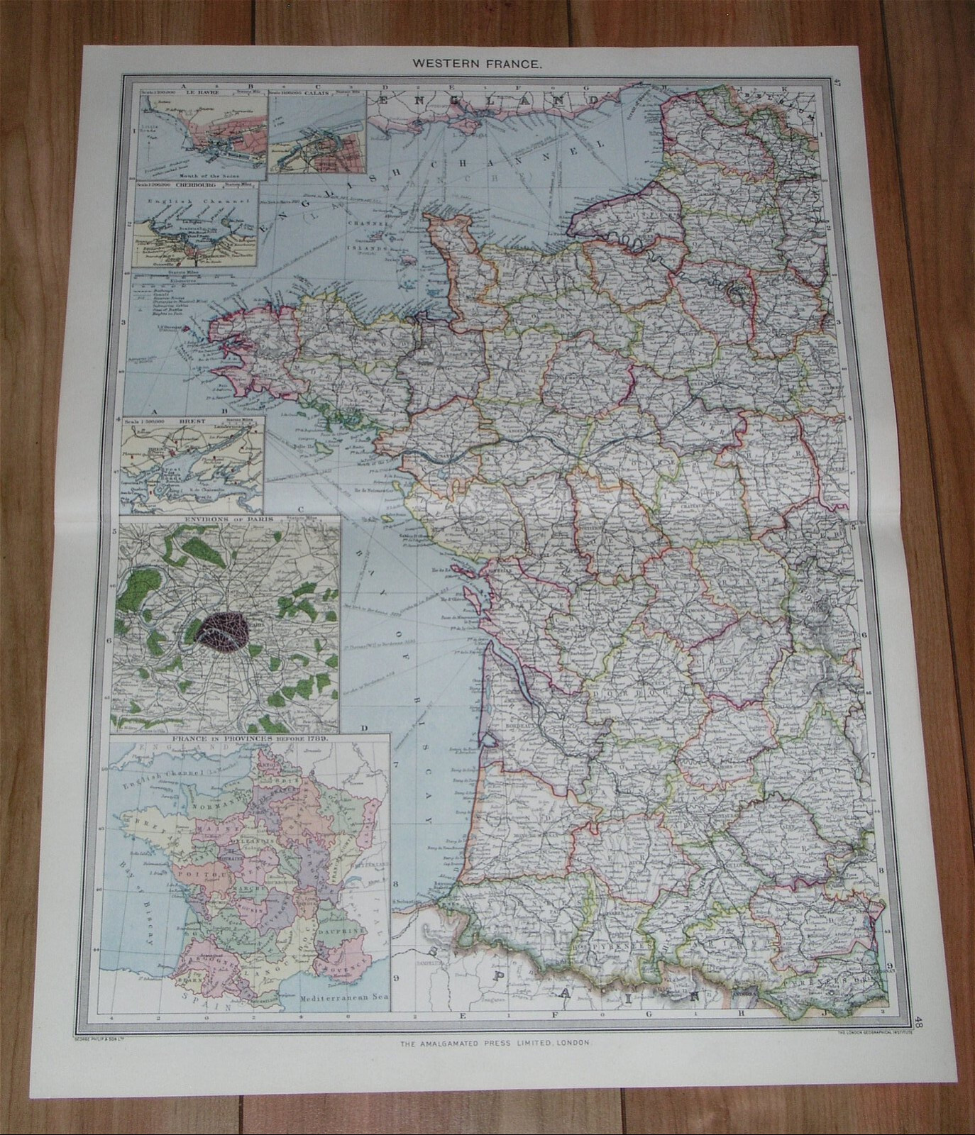 1908 ANTIQUE MAP OF WESTERN FRANCE PARIS BRITTANY BRETAGNE NORMANDY NORMANDIE