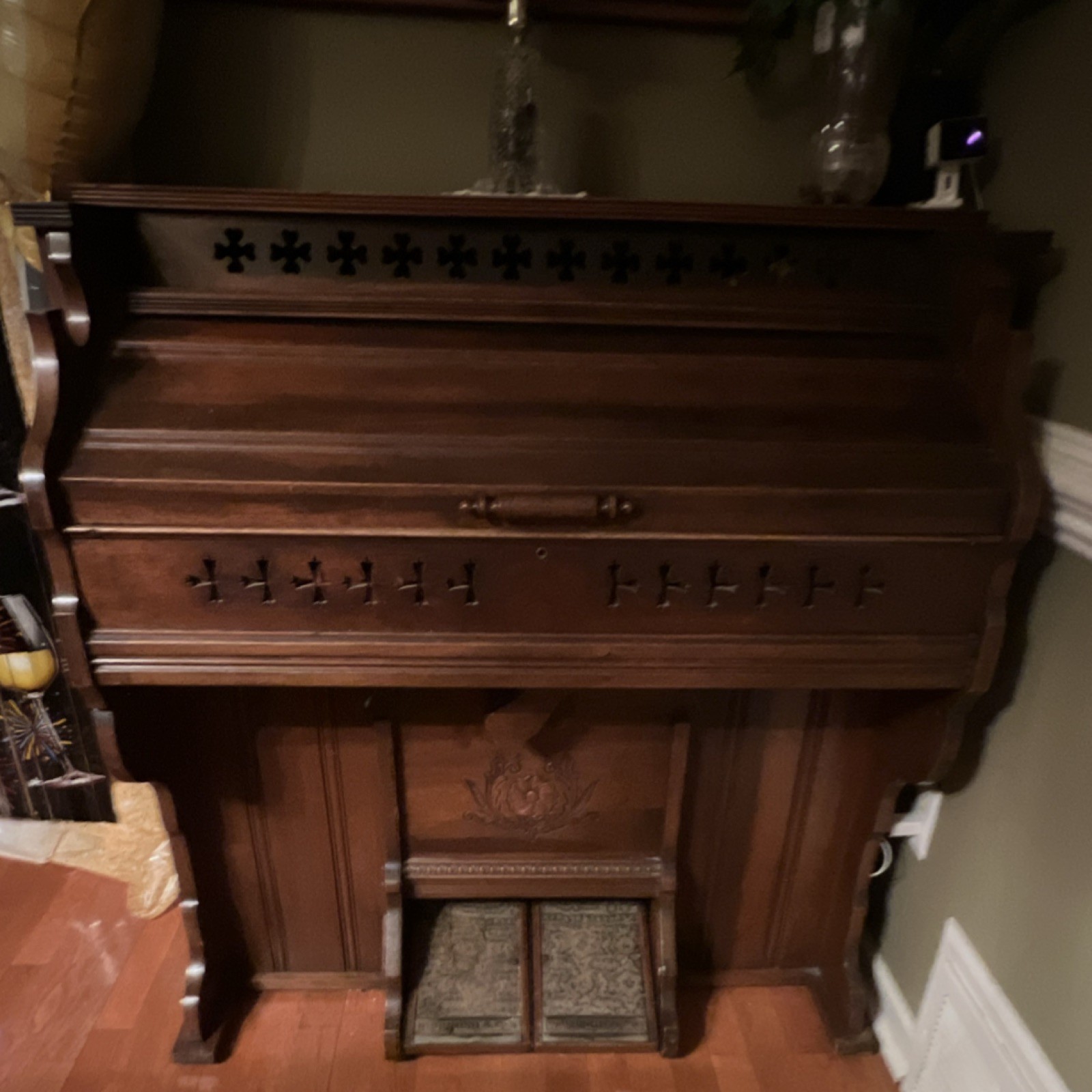Antique Wooden Upright Keyboard Instrument with Ornate Wood Pedals Pre-1930
