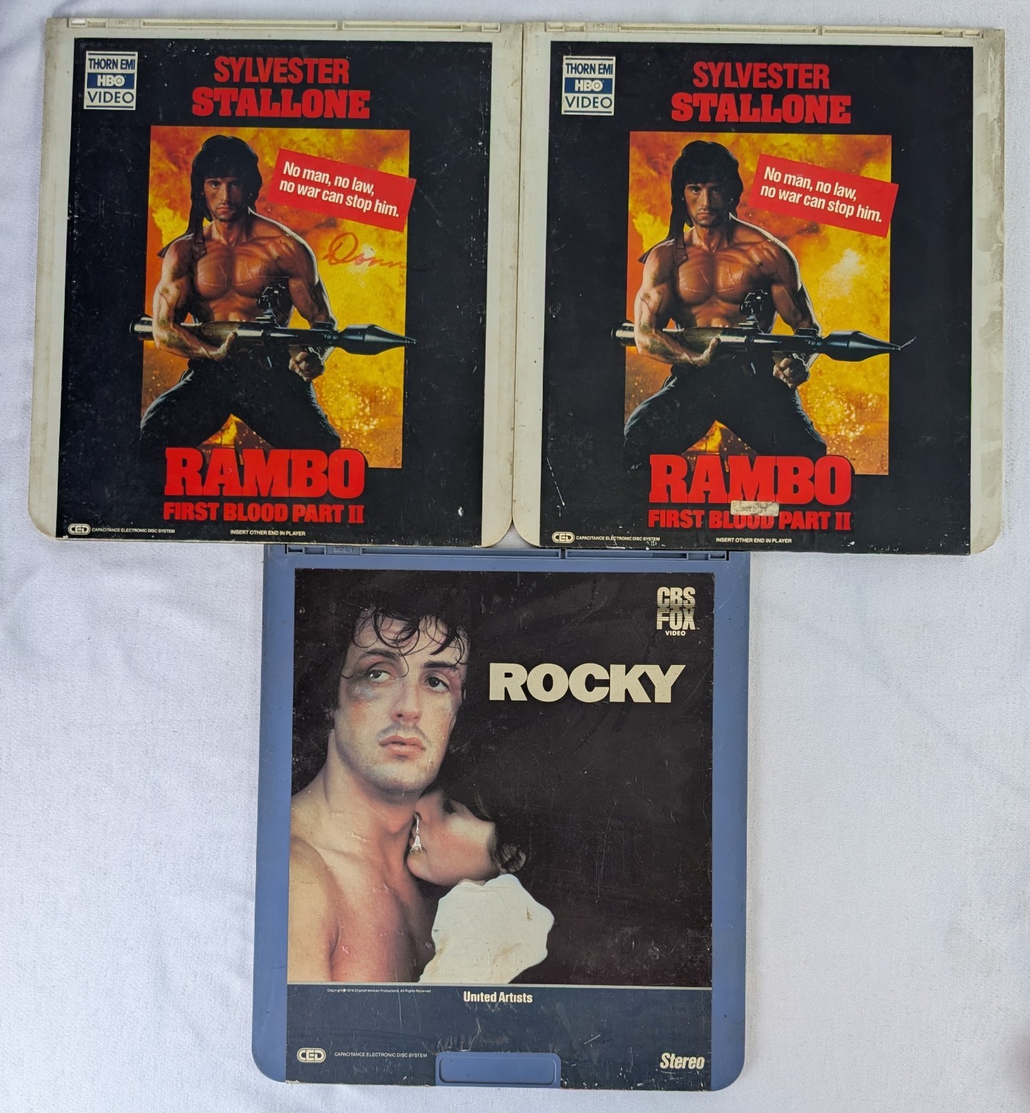 3 CED Videodisc Rocky & (2) Rambo First Blood Part II Sylvester Stallone Lot