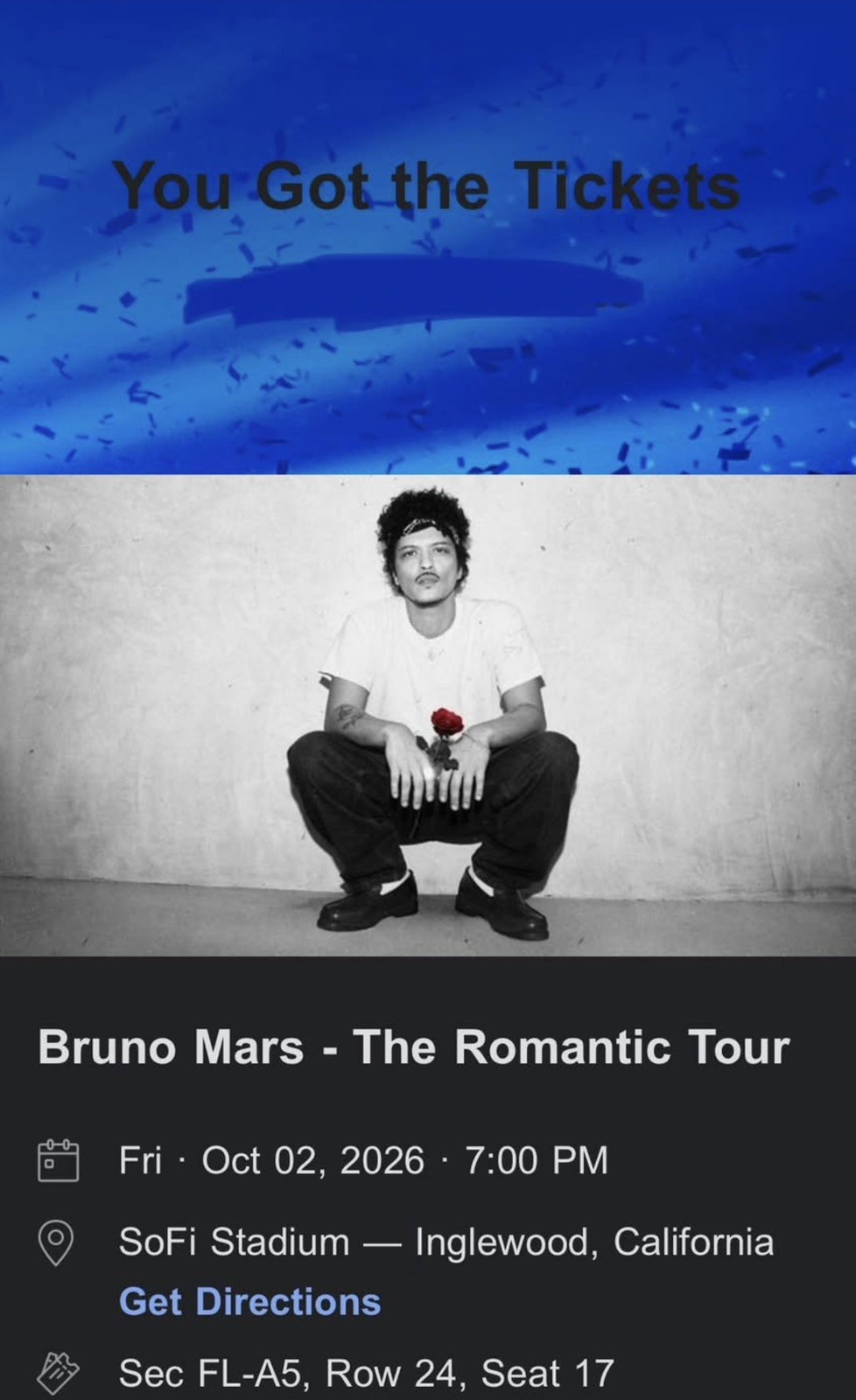 Bruno Mars tickets (1) - The Romantic Tour - LOS ANGELES - FLOOR SEATS SOFI 