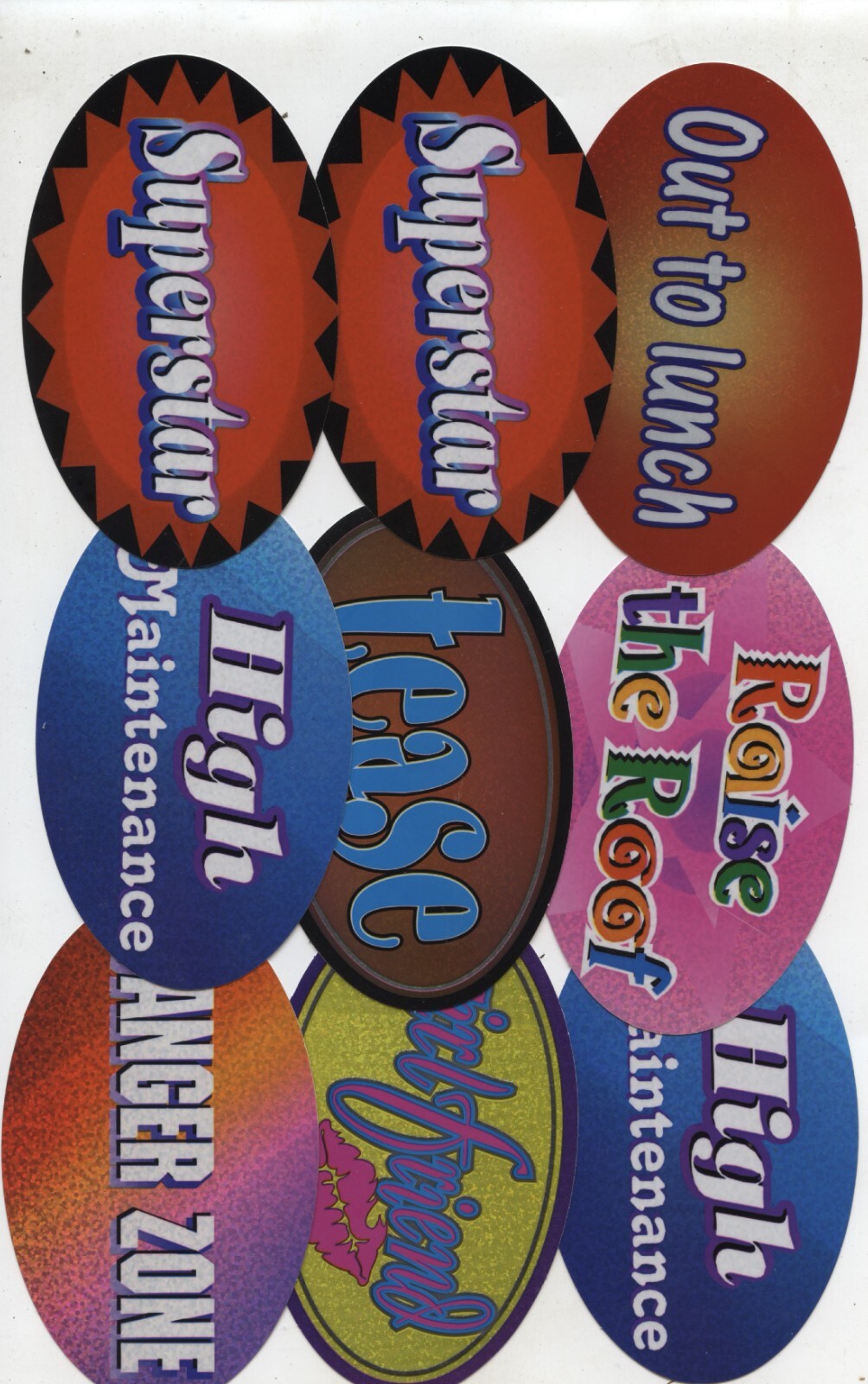 9 Old Vintage 1990's Phrases Oval Vending Machine Stickers 4 1/2" wide.