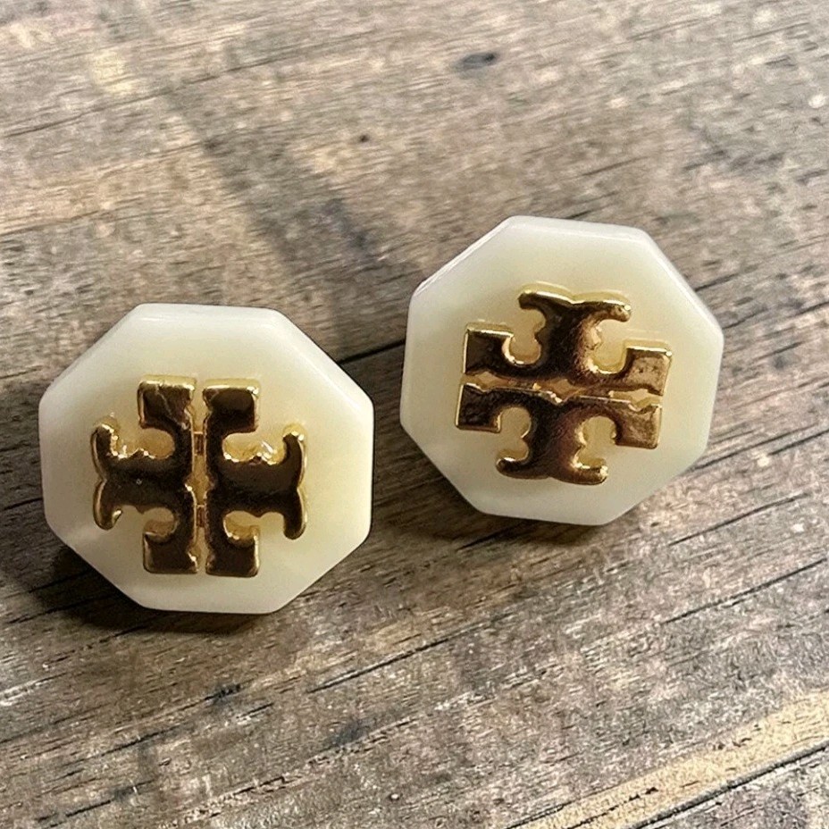 Tory Burch Gold Tone Octagonal Stud Earrings White Plastic Metal Fashion Lobe