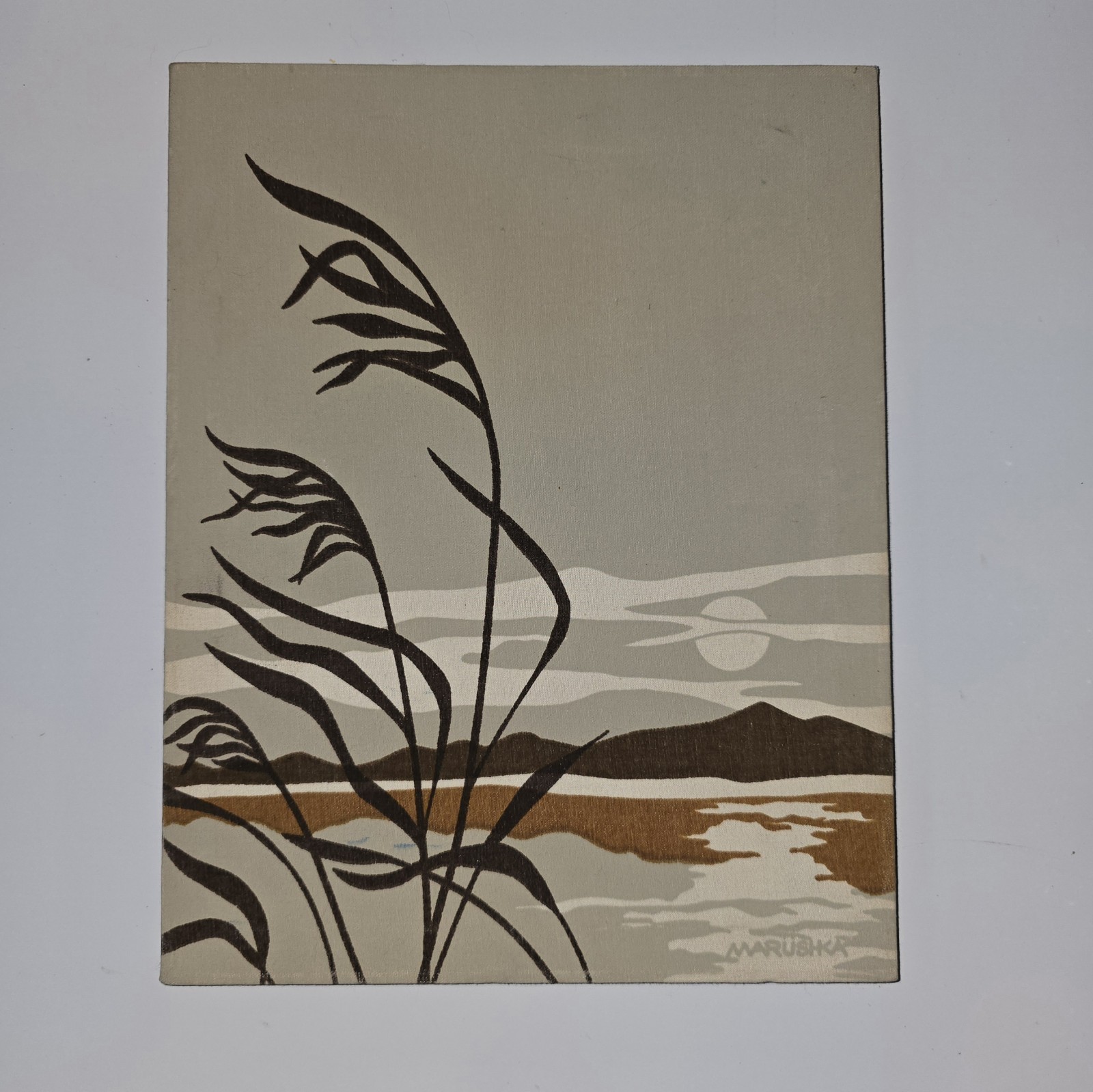 VTG Marushka wall ART fabric Screen Print Beach sunset Lake 24 x 36 Fall MCM