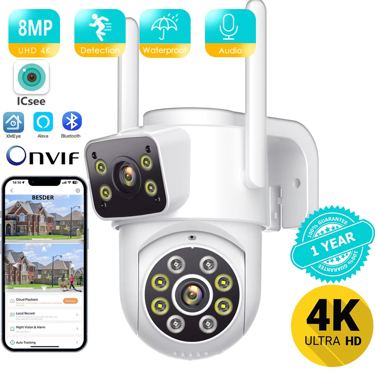 BESDER 4K PTZ Wifi IP Camera 8MP Dual Lens AI Human Detection Wireless Outdoor S