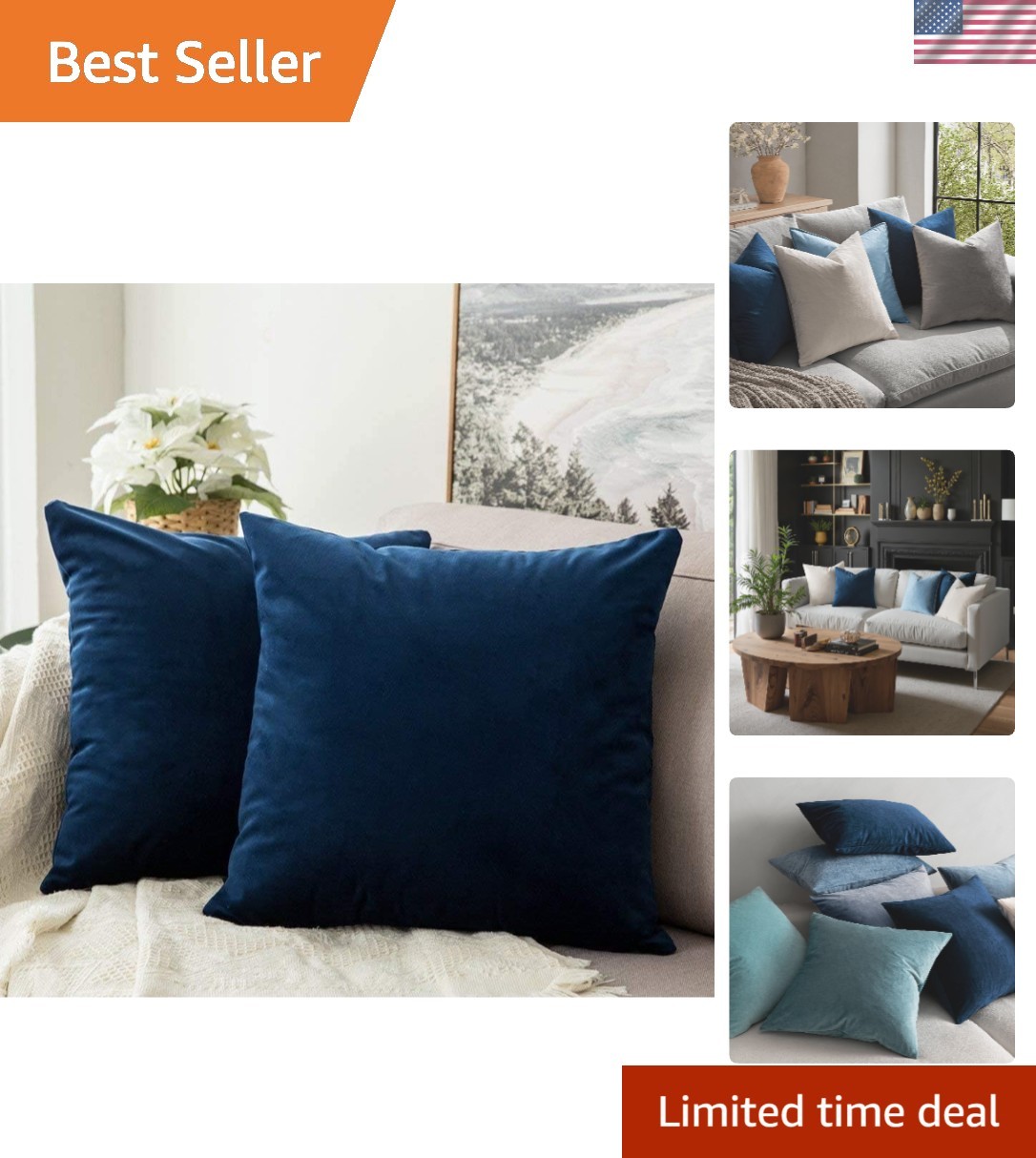 Velvet Throw Pillow Covers 18x18 Inch, Pack of 2 - Dark Blue, Super Soft Deco...