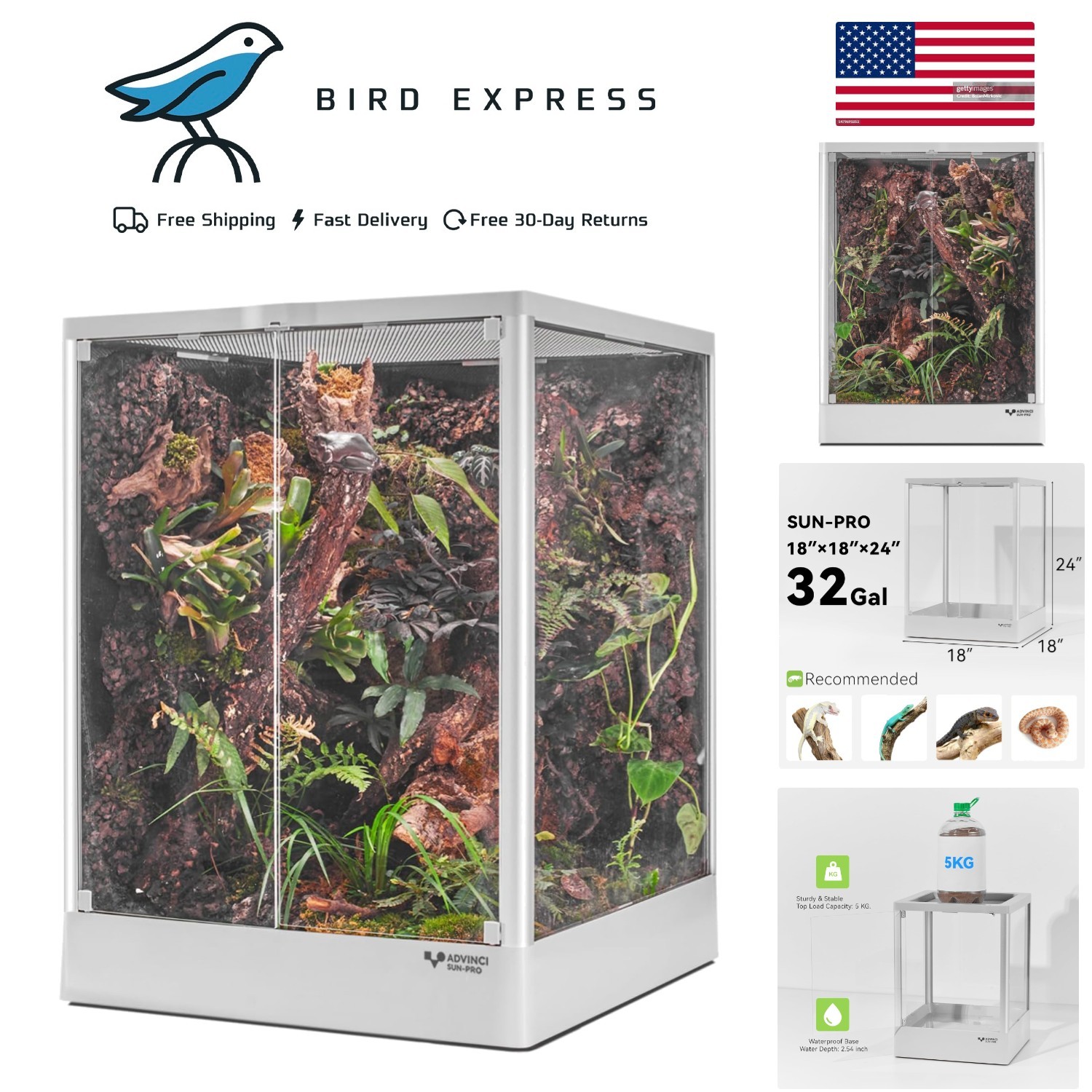 18x18x24 Reptile Terrarium 32 Gallon Full Glass Enclosure with Aluminum Frame