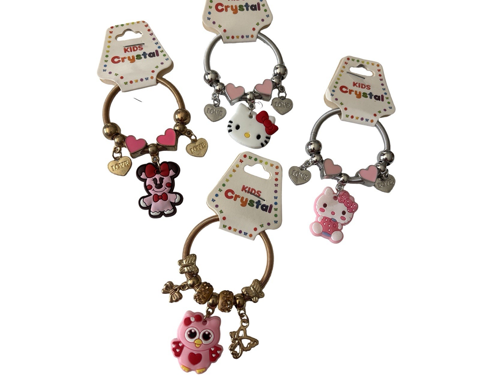 Kids Crystal Charm Bracelet Bundle Set 4pc Minnie Mouse Hello Kitty Owl Jewelry