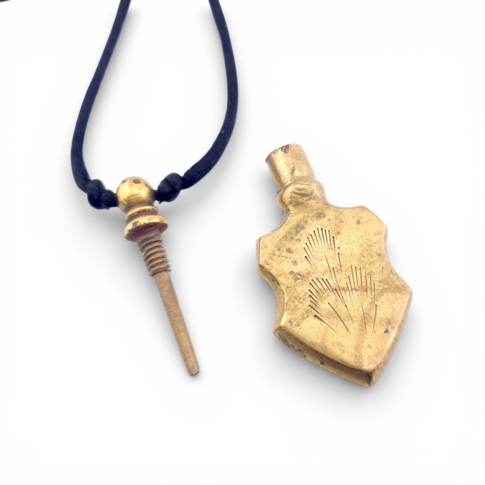 Antique Brass Perfume Poison Bottle Necklace Pendant Etched Engraved Dauber READ