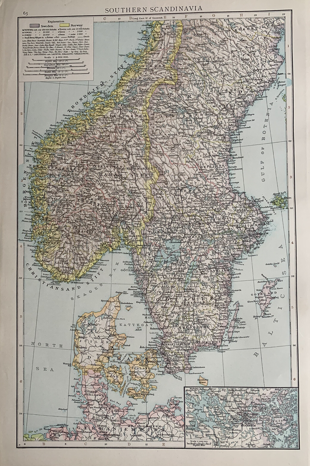 1896 Southern Scandinavia Original Antique Map 125 Years Old