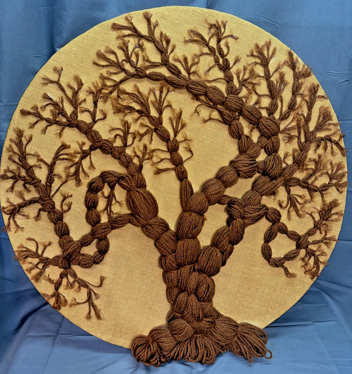 Vintage 1980 Tree of Life Crewel Yarn Wall Hanging Braided Fiber Art 34”