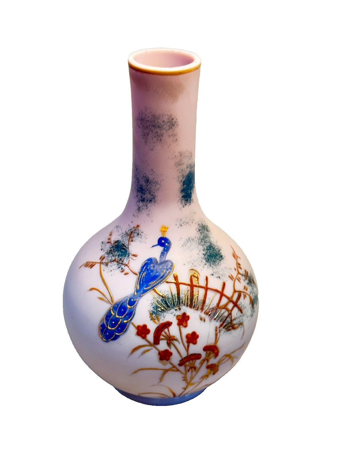 Art Deco Gundersen Peachblock Pink Glass Vase Hand Painted Peacock Design 8 3/4"