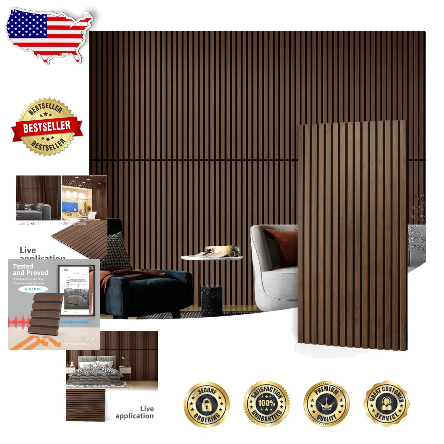 Elite Acoustic Wood Panels - 2pc Dark Walnut | 47.2" Fluted Wall Decor