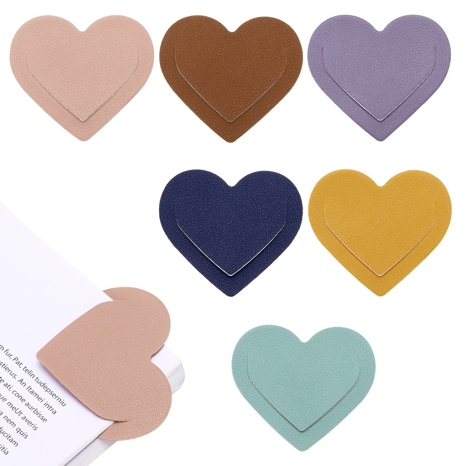 6Pcs Leather Heart Bookmarks for Reader, Purple and Other 5 Colors