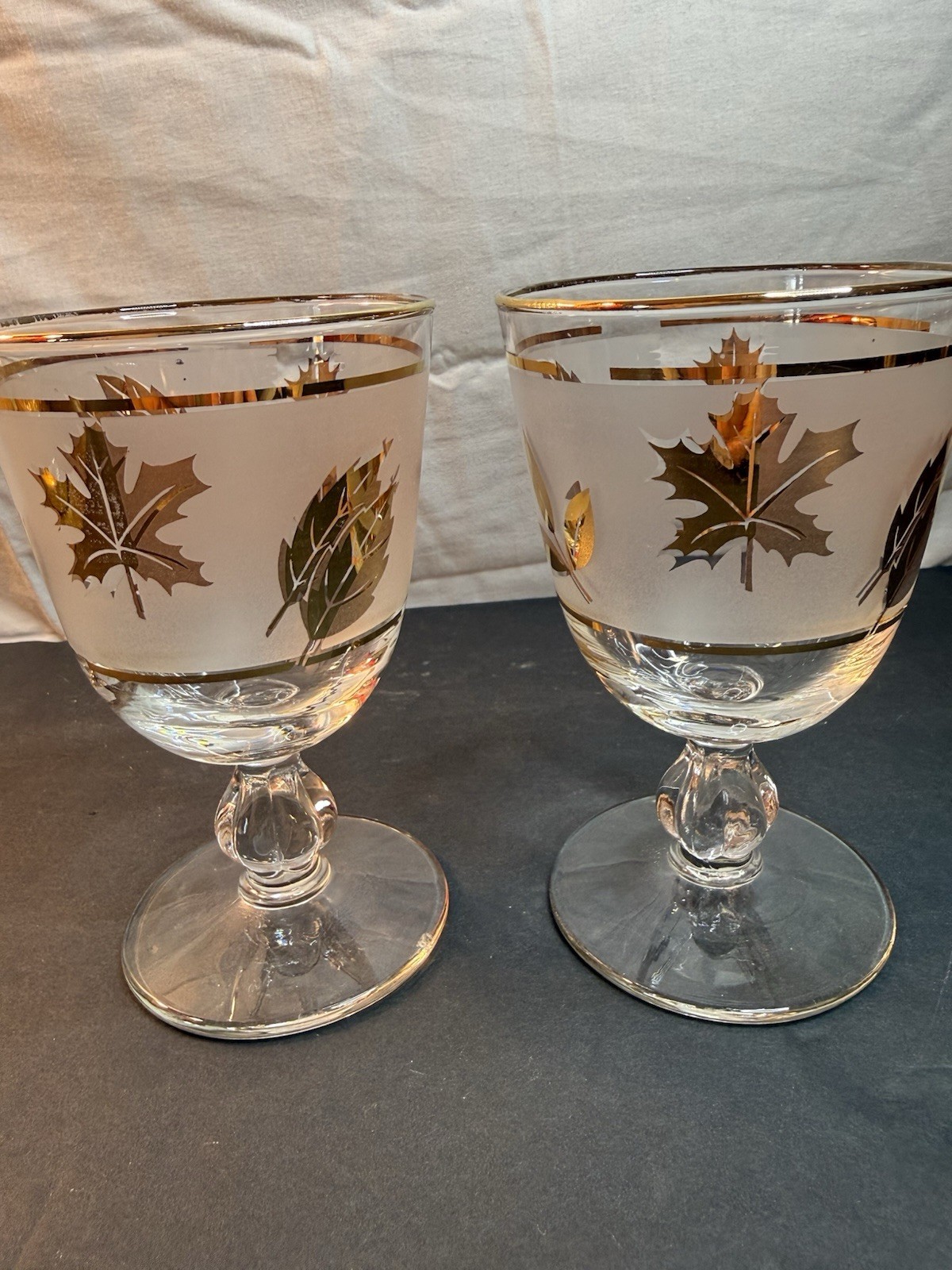 Vintage Gold Maple Leaf Frosted Glass Goblets Set of 2 Mid Century Barware
