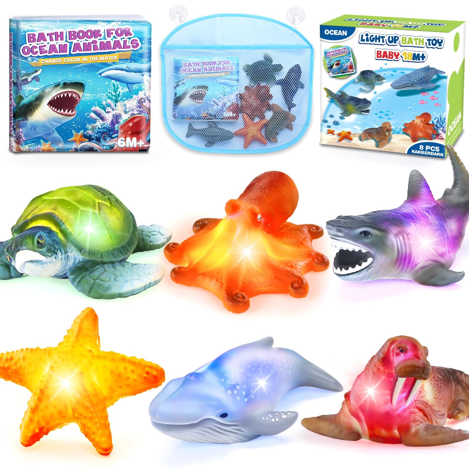 6 Pack Light Up Bath Toys & Magic Bath Book & Storage Bag for Toddler, No Hol...