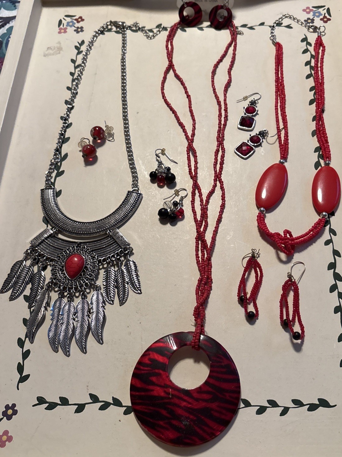 Jewelry Set 3 Necklaces 5 Earrings Silver Red Black Native American Beads #85