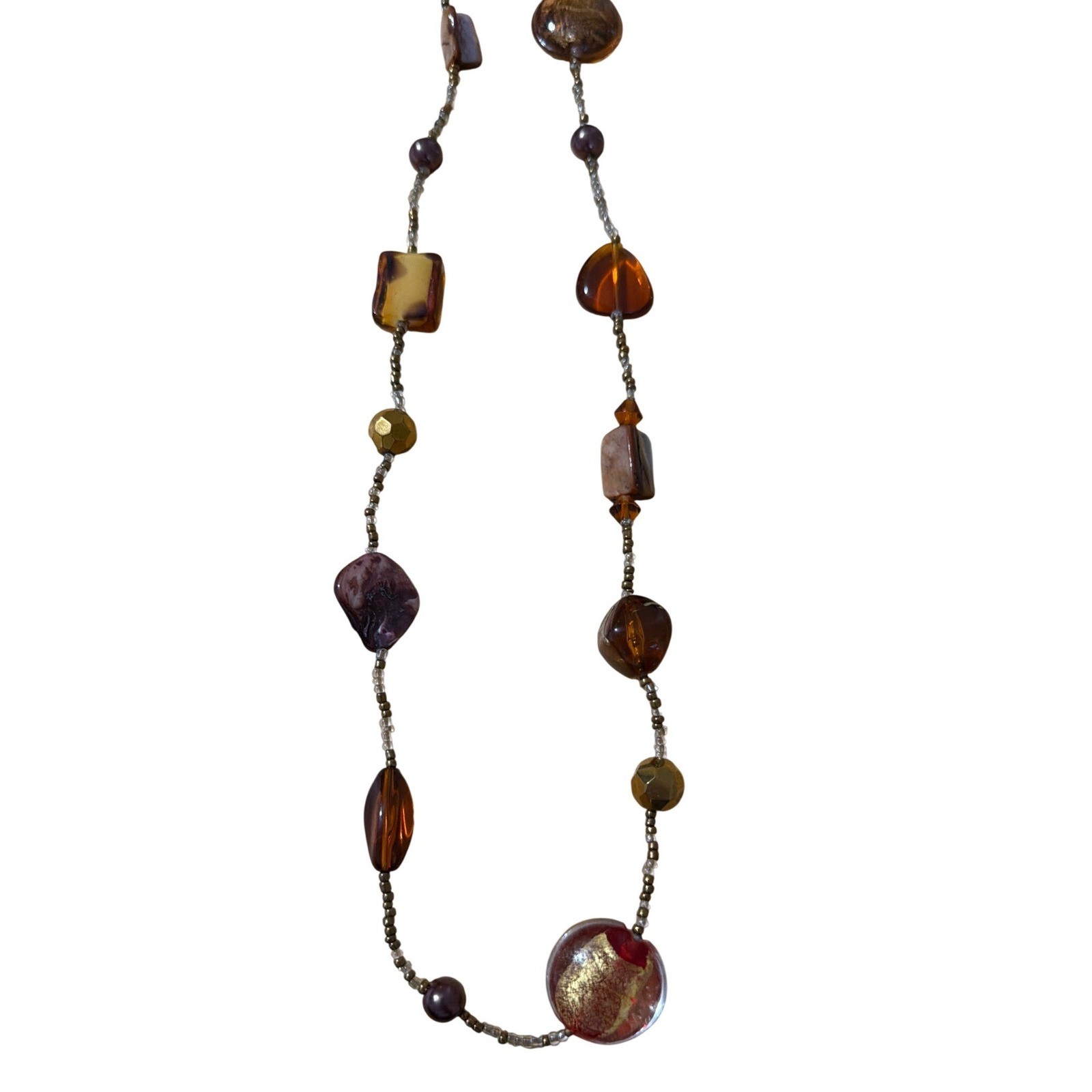 Artisan Earth Tone Beaded Necklace Gold Foil Glass Mixed Media Long Art Gift