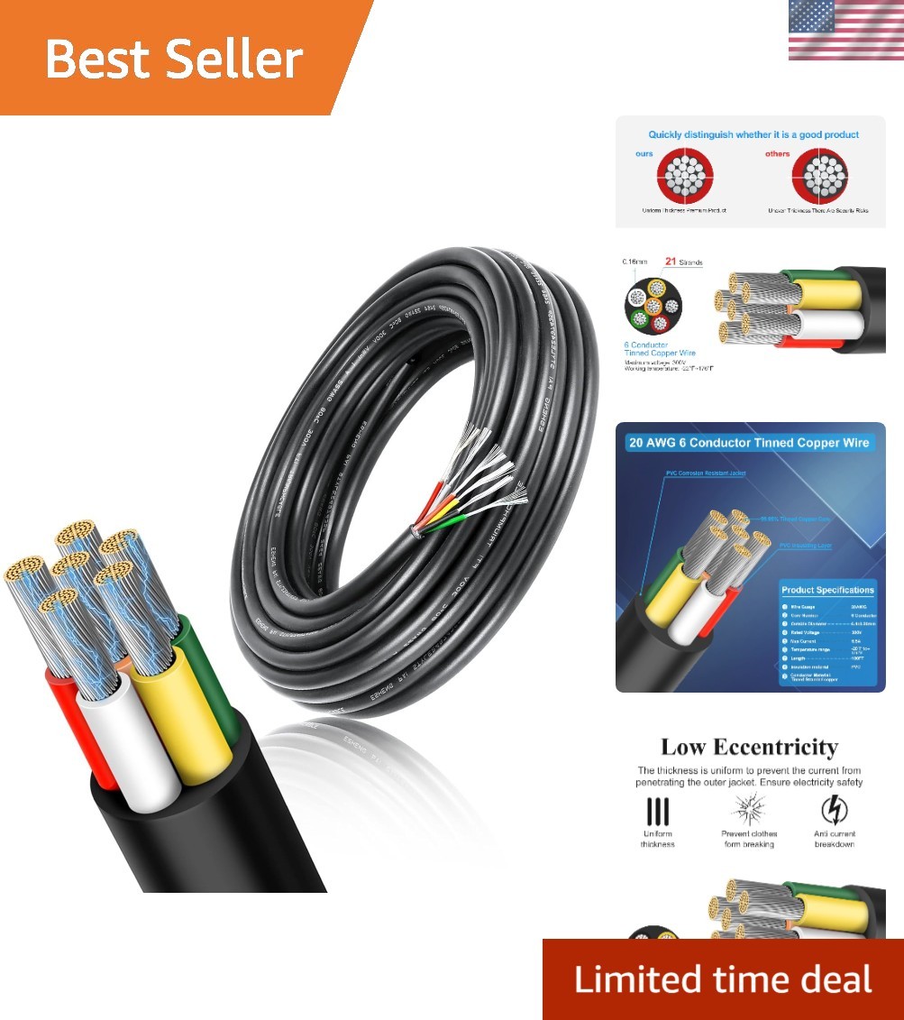 100FT 20 Gauge 6 Conductor Tinned Copper Wire - Waterproof & Flexible Solutions