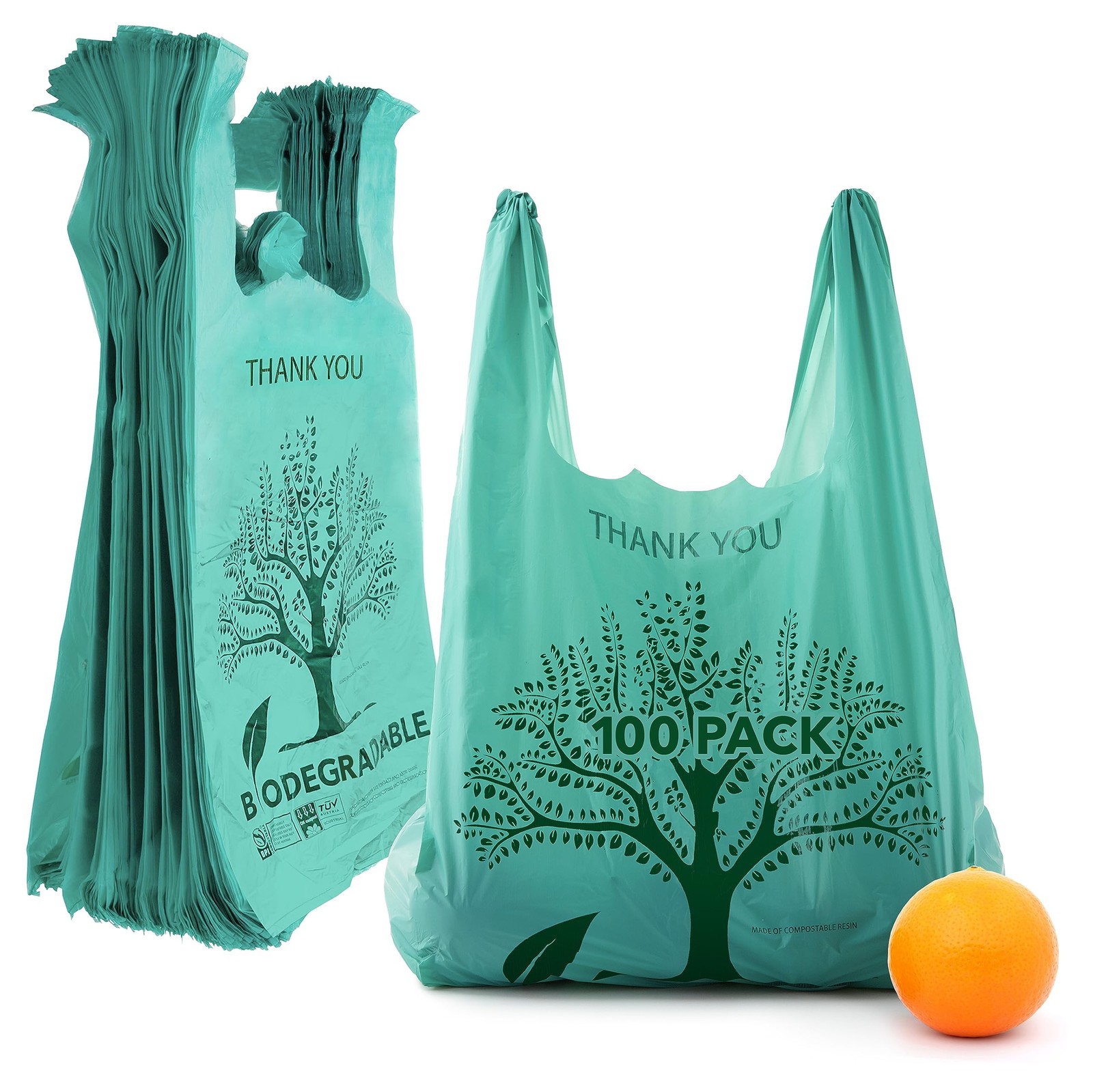 100 Pack Thank You Bags Disposable Eco Grocery T-Shirt Bag 100 Count, Green 