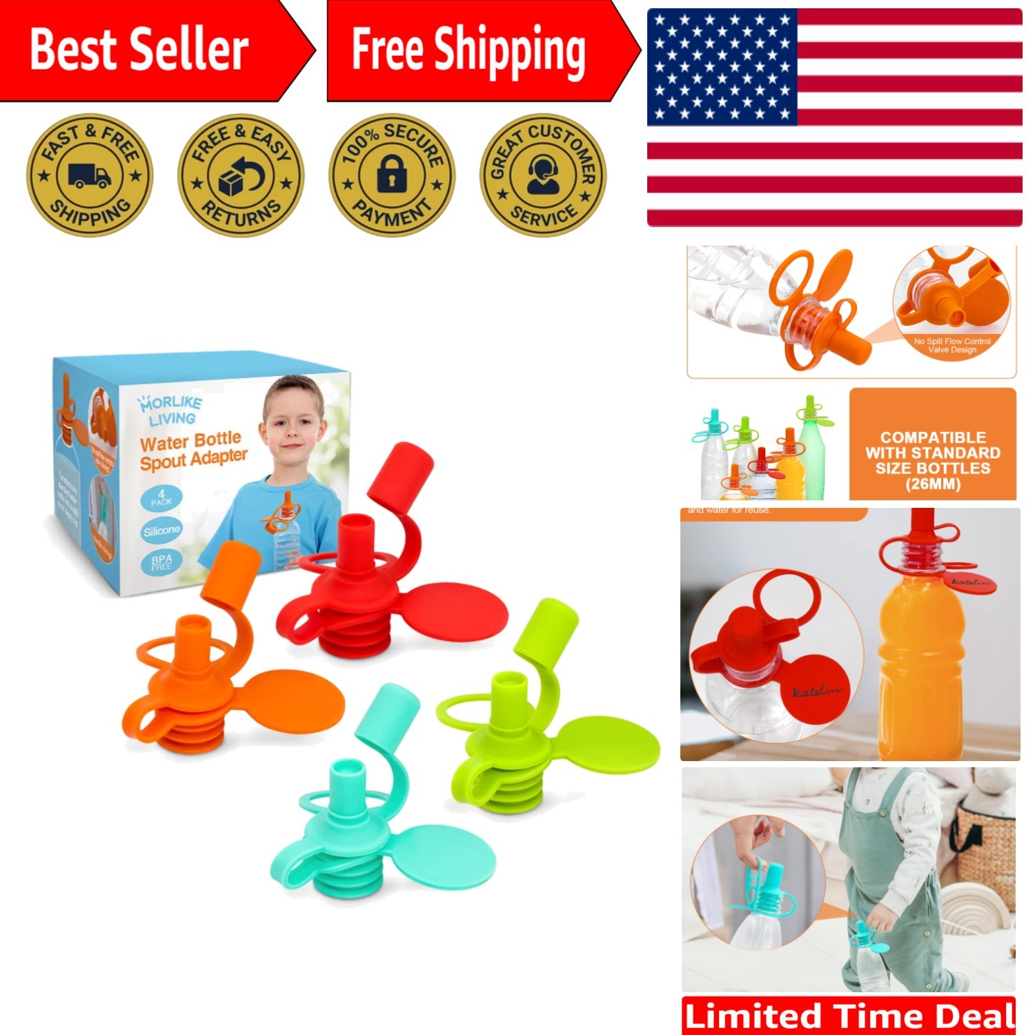 Versatile Silicone Spout Adapters for Toddler Water Bottles - Mix Colors 4 Pack