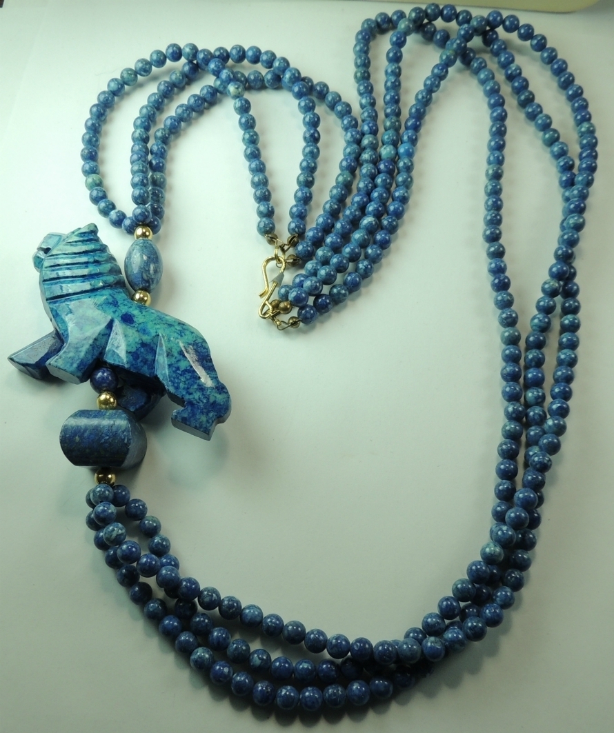 Statement 3 Strand Sodalite Necklace Carved Lion handcrafted Mother of bride