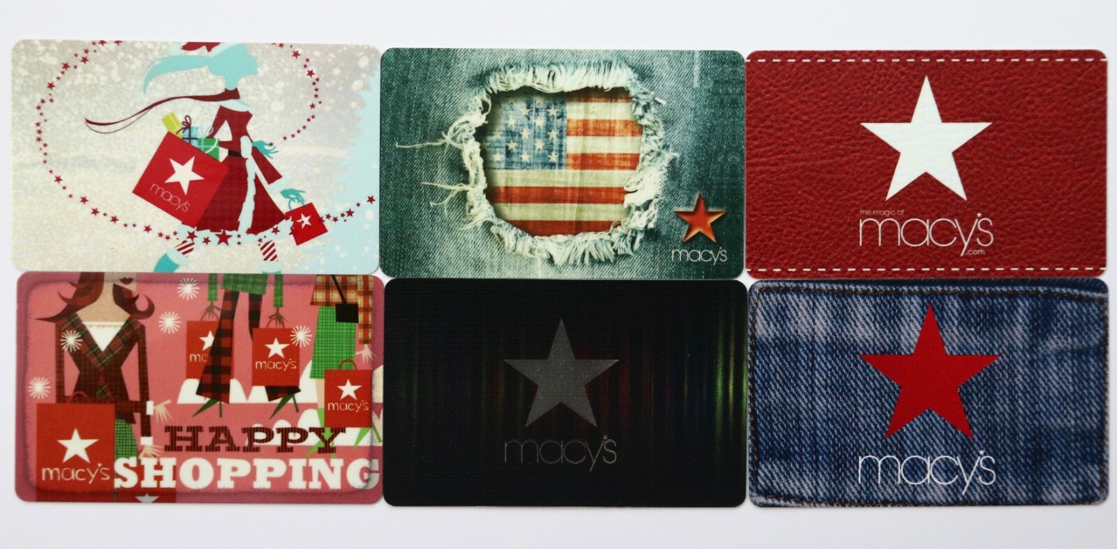 6 Macy`s Department Store Gift Cards Jeans USA Flag Star Collectible Card Lot