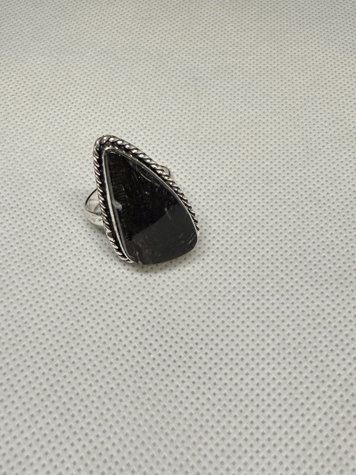 Sterling Silver 925 Large Black Stone Cabochon Ring Rope Bezel Size 9 Statement