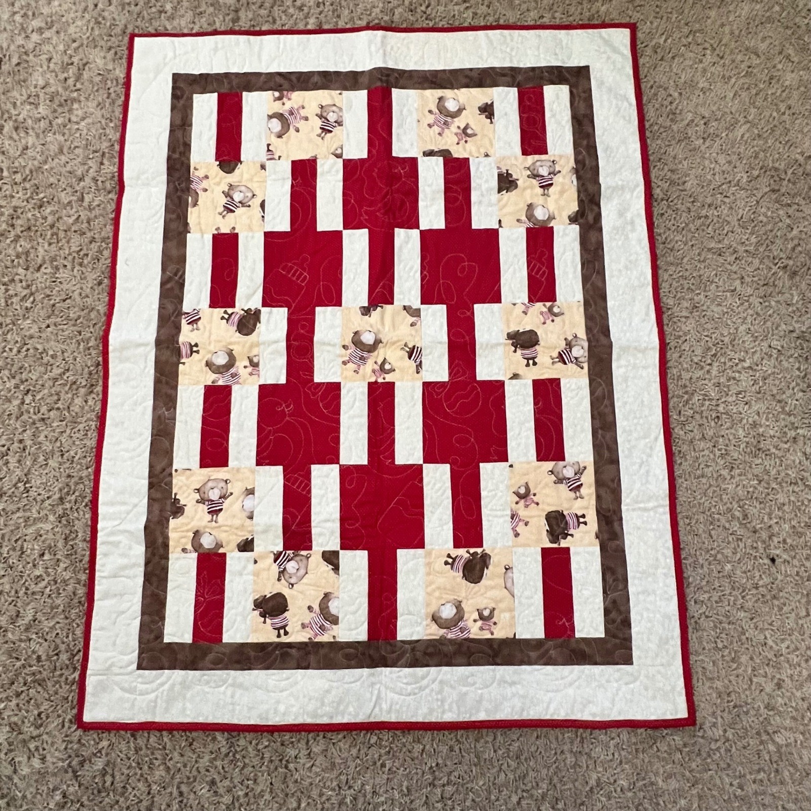 Handmade Quilt Baby Toddler Cute Bears Red White Brown Patchwork Bandana