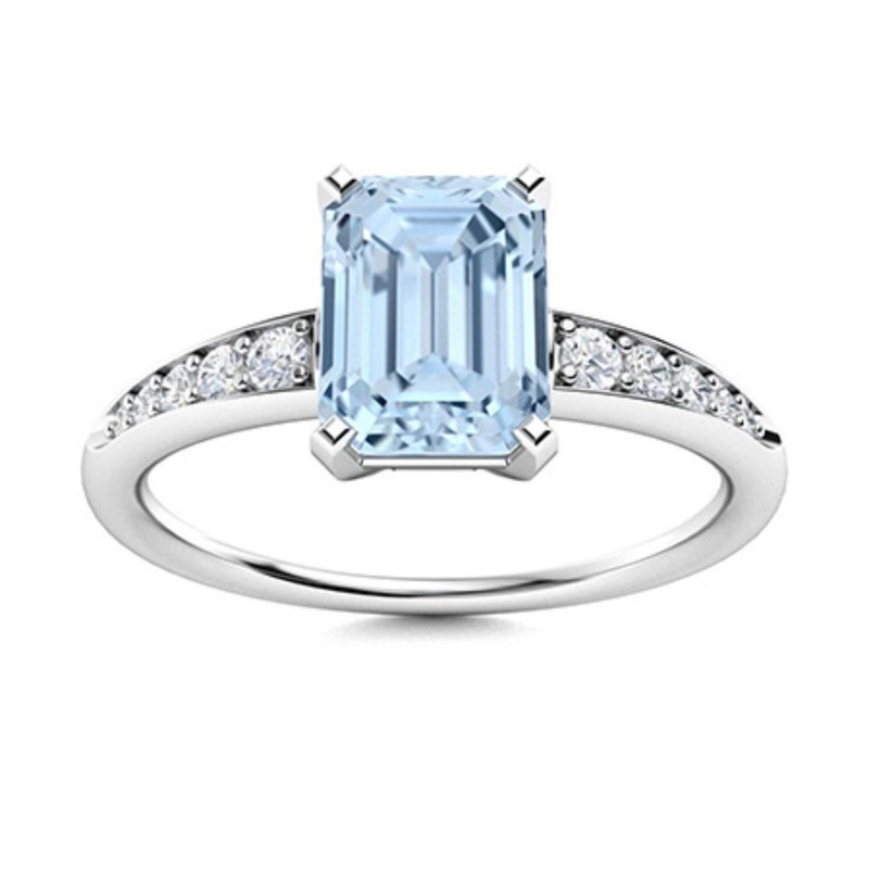 Solitaire Emerald Cut Natural Aquamarine 925 Sterling Silver Side Accents Ring