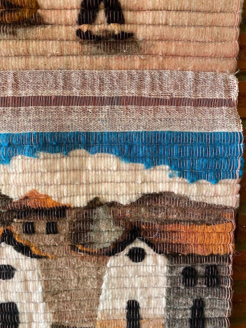 Vintage 1970s Handmade Woven Wool Wall Hanging MCM Boho Tapestry Textile Art