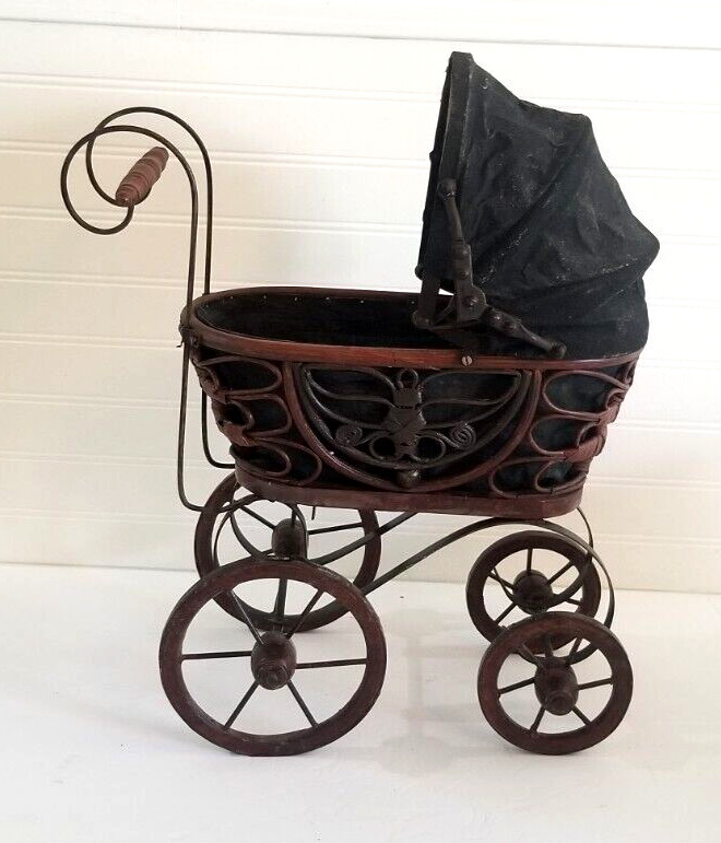 Vintage Victorian Baby Doll Stroller Brown Wicker Wood and Metal Carriage 15x18