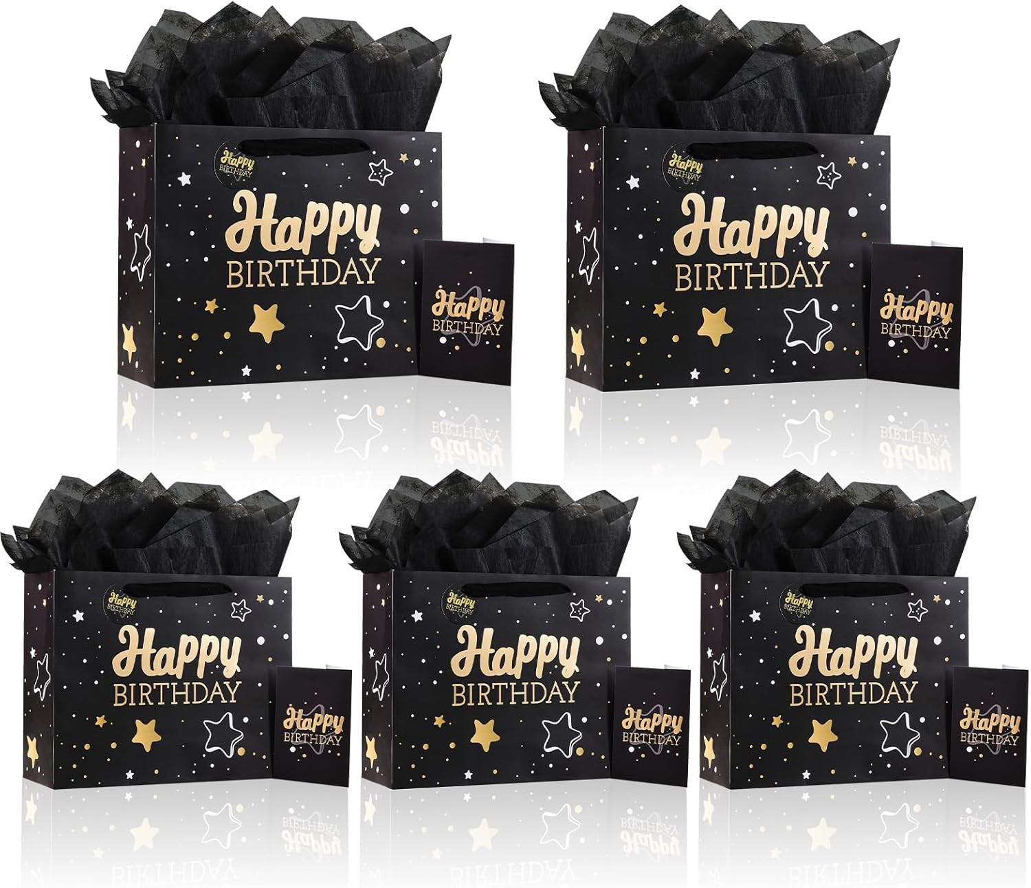 13" Black Happy Birthday Gift Bag with Tissue Paper and Greeting Card for Party,