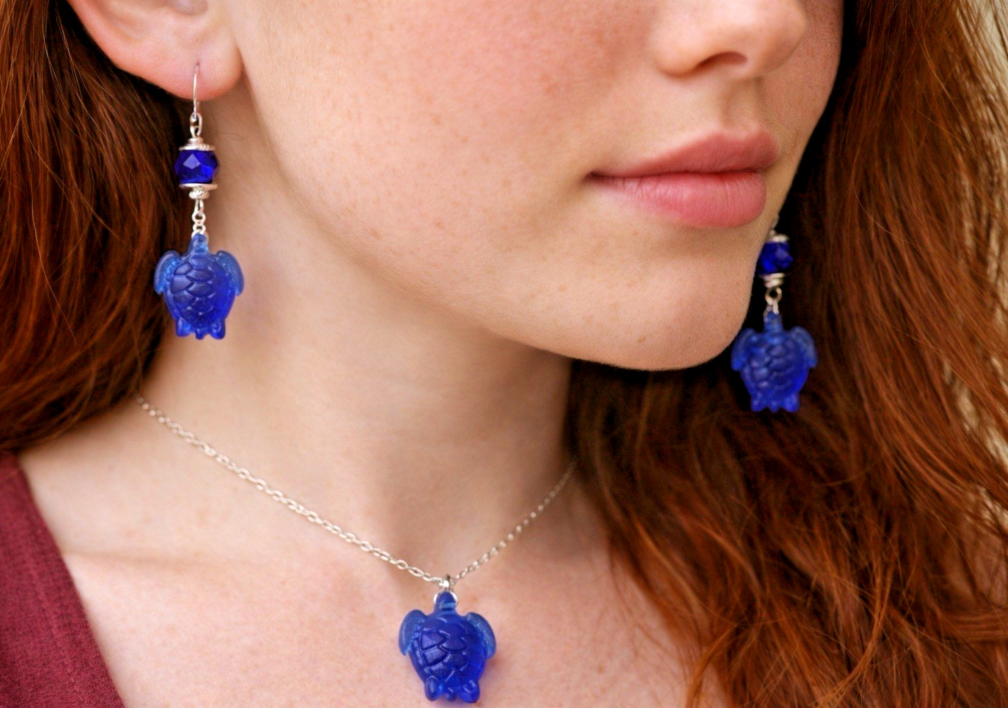 Cobalt Blue Sea Turtle Pendant & Matching Dangle Drop Earrings Sterling Silver