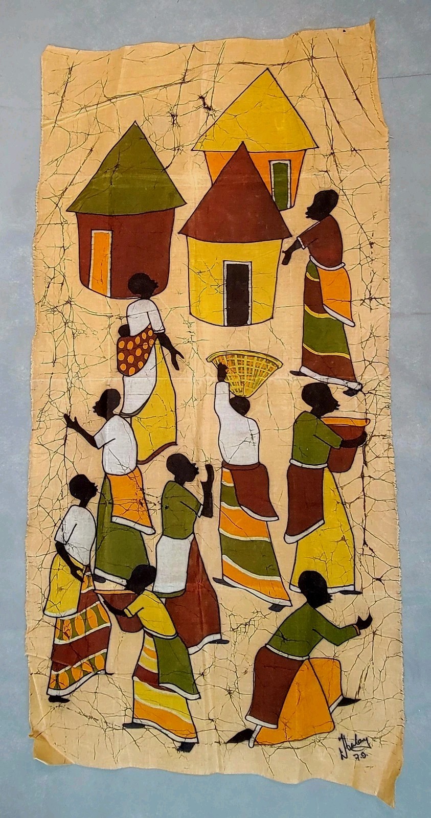 Vintage Signed AFRICAN Textile BATIK Village Scene DOUBLE SIDED