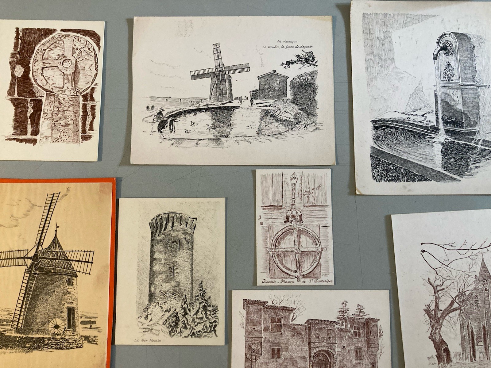 Lot 8 Ink Drawing Church Stone Southwest France Building Mill 1970 20th Art