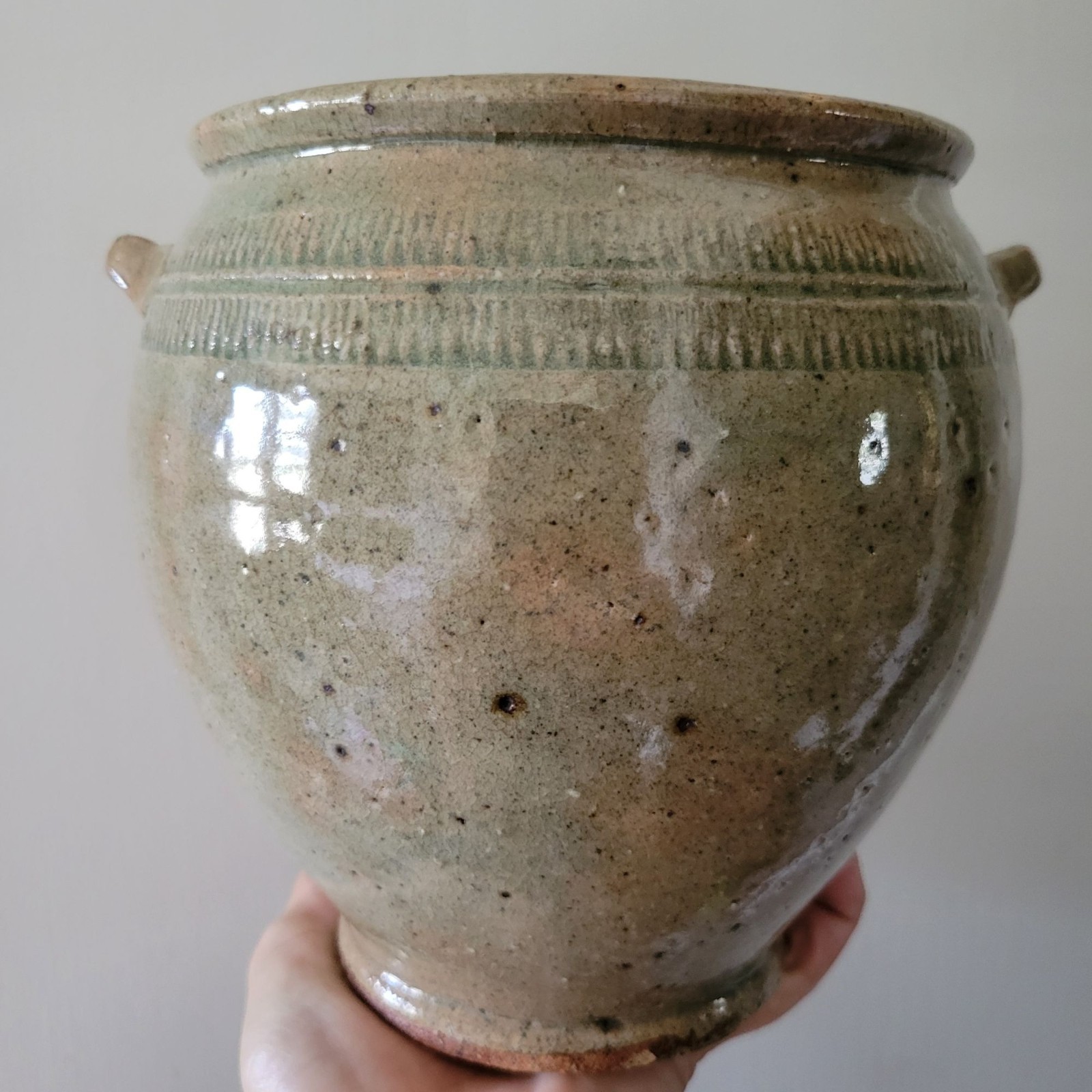 Handcrafted Glazed Stoneware Pot With Textured Detailing And Rustic Green Glaze