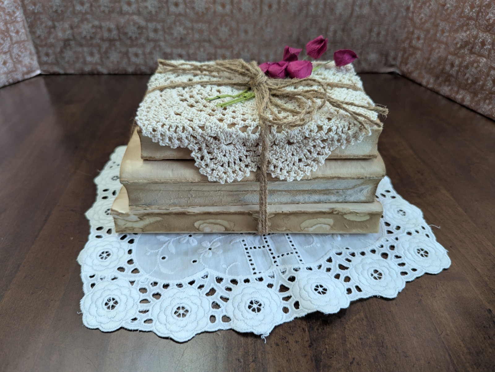 PRIM Handcrafted TABLE DECOR hm w/up-cycled VTG  BOOKS-Crochet Doily-Twine NEW